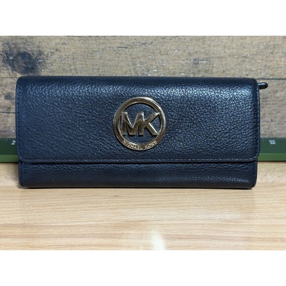Michael Kors Handbags - Michael Kors Fulton Flap Carryall Leather Wallet  Black Gold Nice Continental